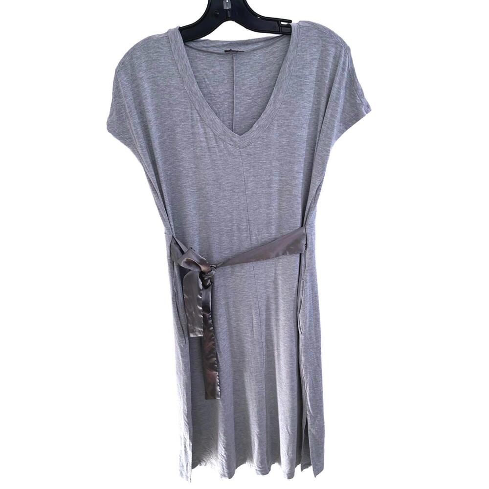 Fleur't Grey Short Sleeve V-Neck Midi Dress/Night Shirt & Satin Waist Tie - S
